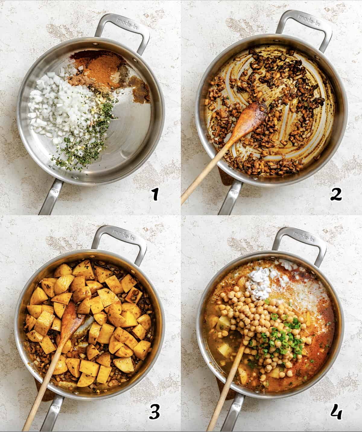 Saute the aromatics, add the potatoes, then add the rest of the ingredients. Simmer until potatoes are tender.