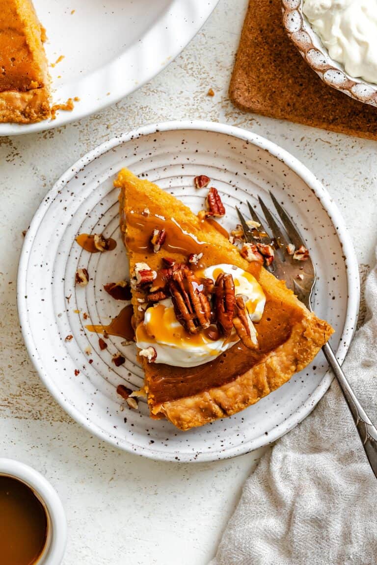 Serving up a silky smooth slice of condensed milk sweet potato pie for Southern comfort food.