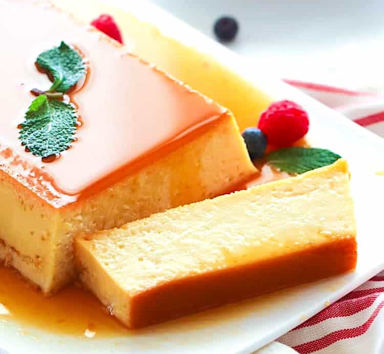 Slicing homemade flan for an easy, decadent dessert.