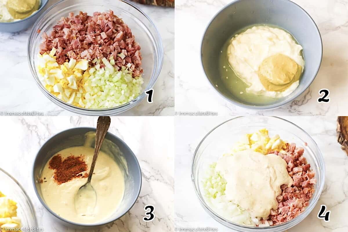 Chop the ham and veggies, make the dressing, then assemble.