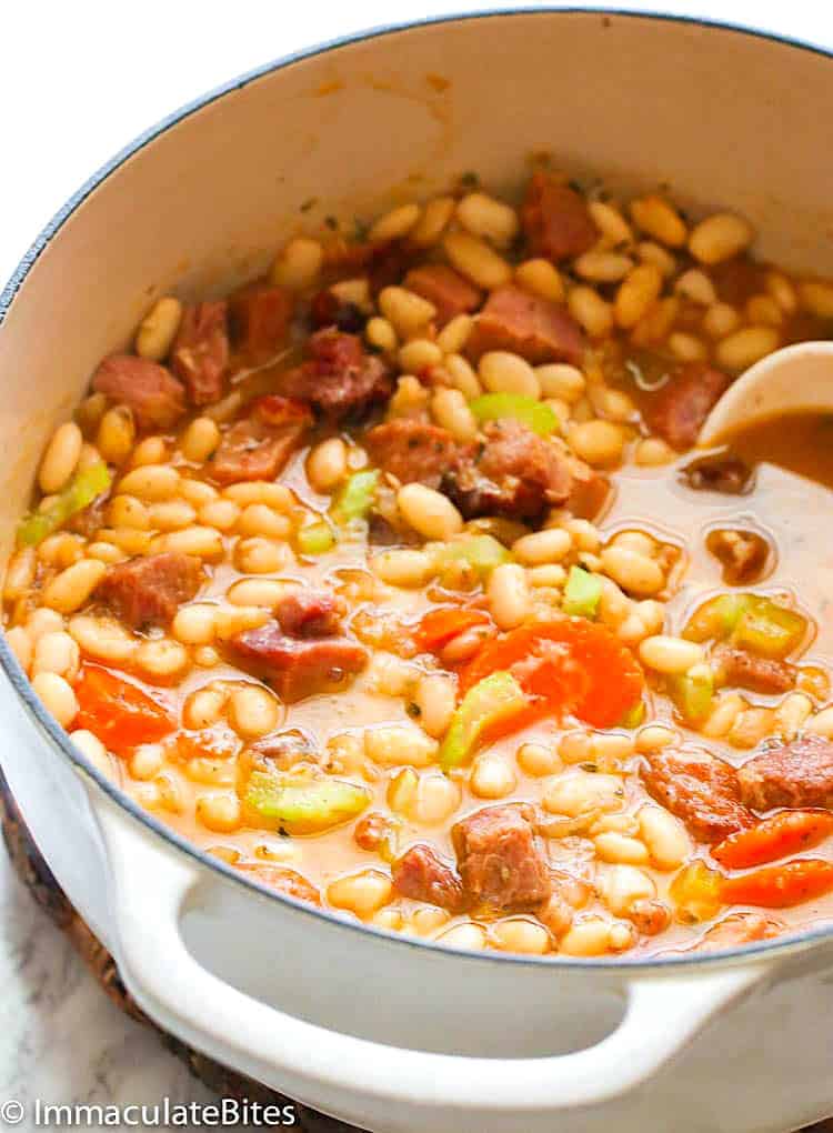 Serving bean soup using up leftover holiday ham.