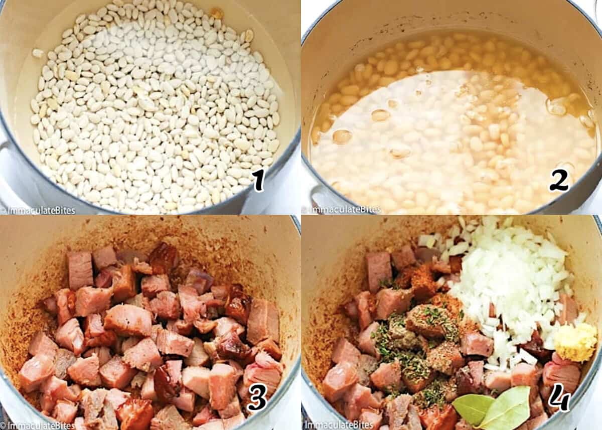 Soak and cook the legumes, brown the meat, and saute the aromatics.