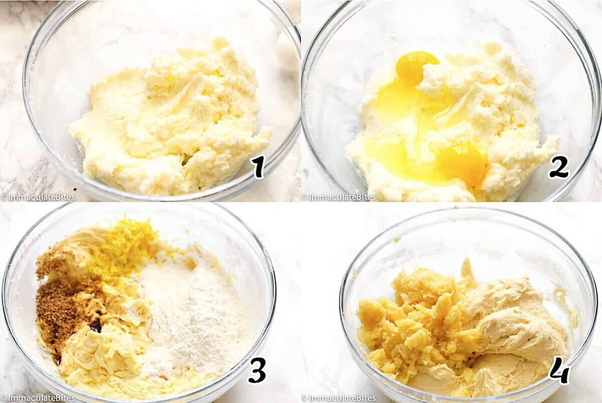 Cream the butter and sugar, add the eggs, the the dry ingredients.