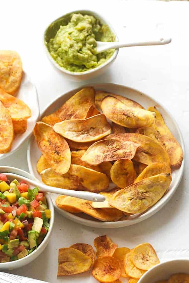 Plantain chips with guac and salsa.
