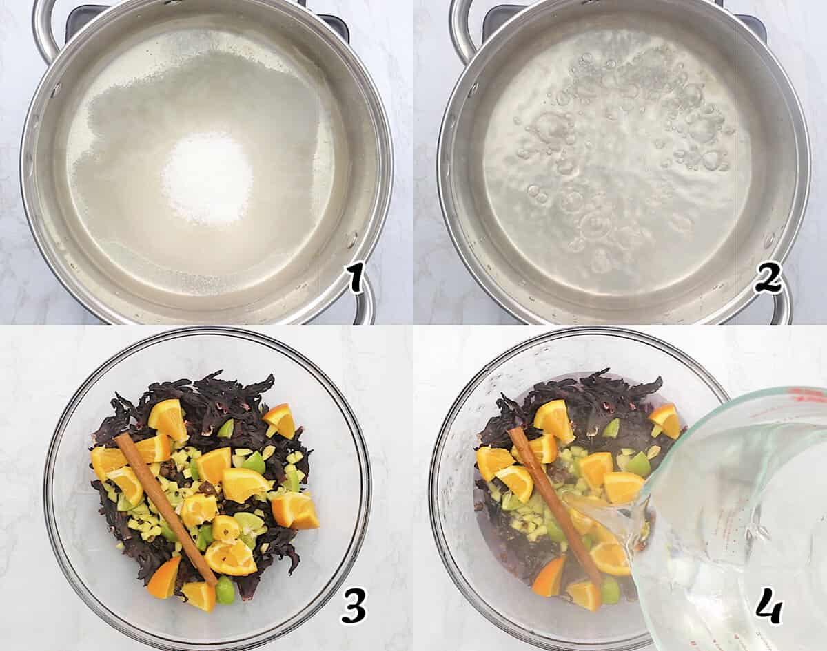 Make the simple syrup, then steep the ingredients in hot water.