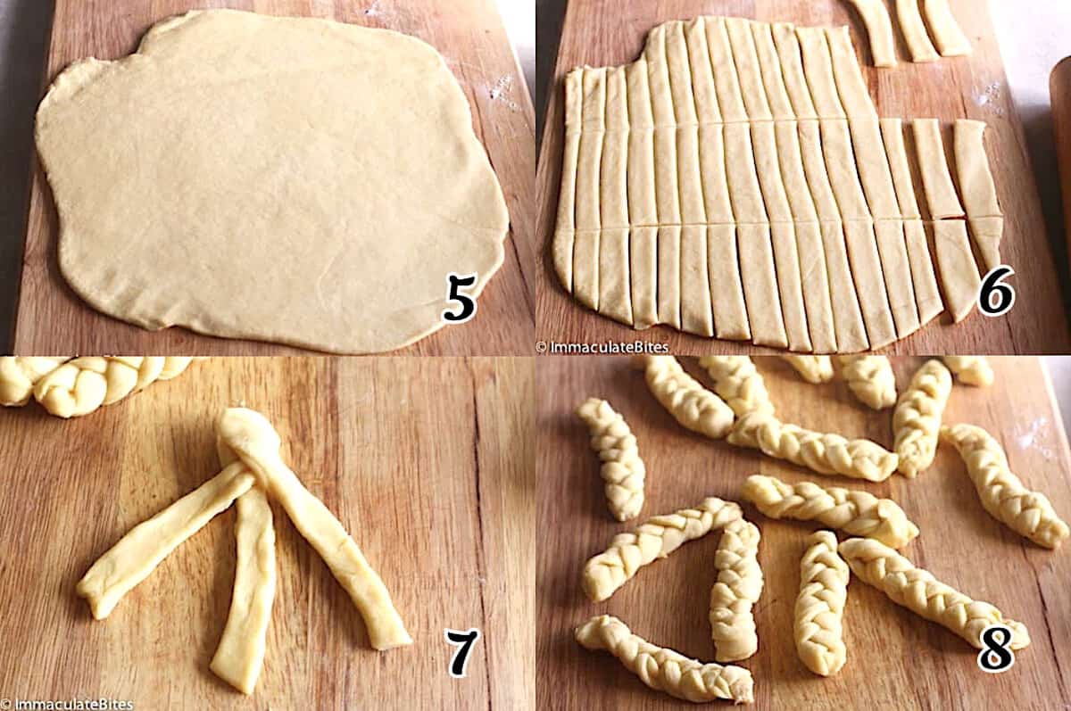 Roll out the dough, slice it into strips, and braid them.