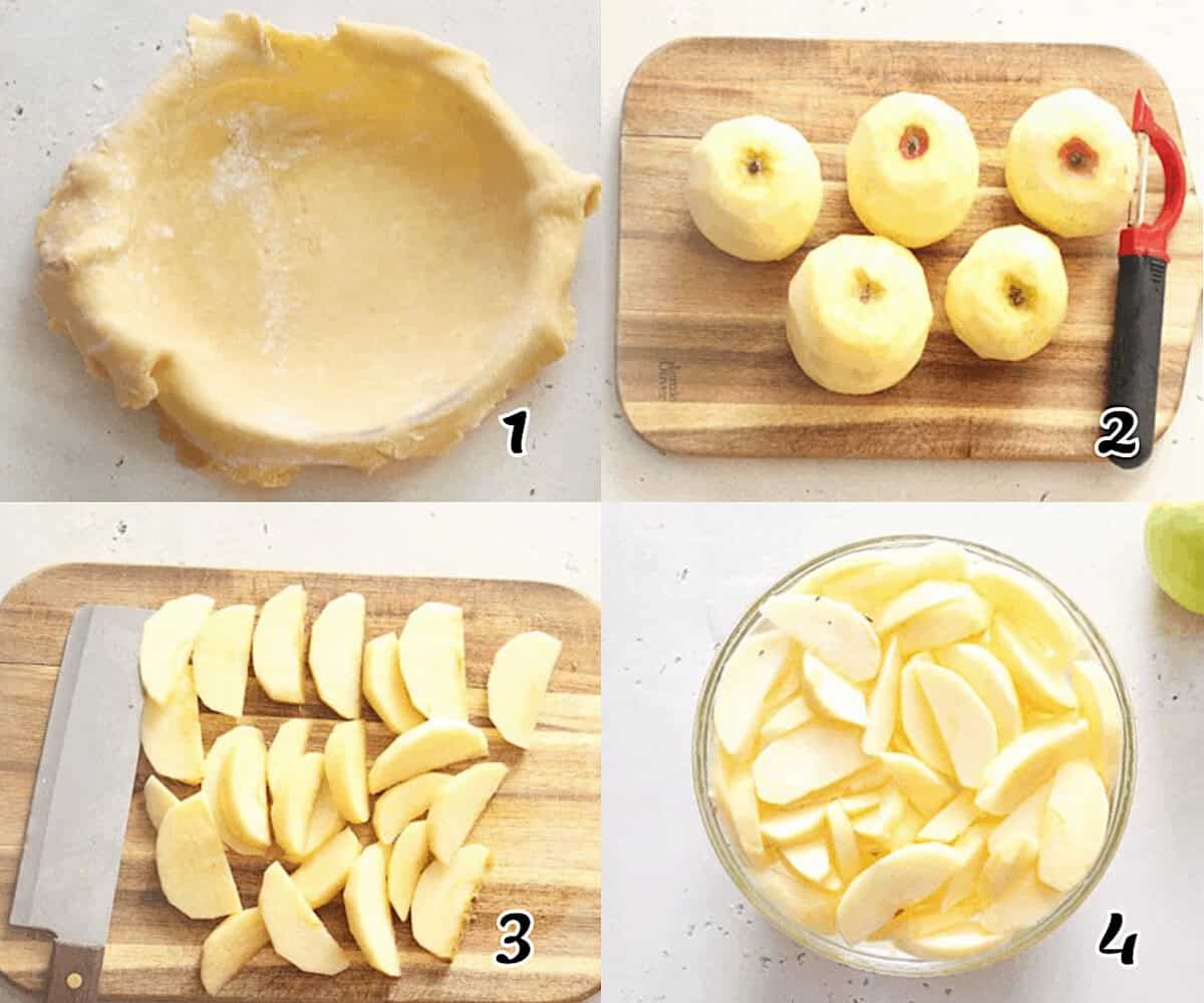 Prep the crust, then peel and slice the apples.