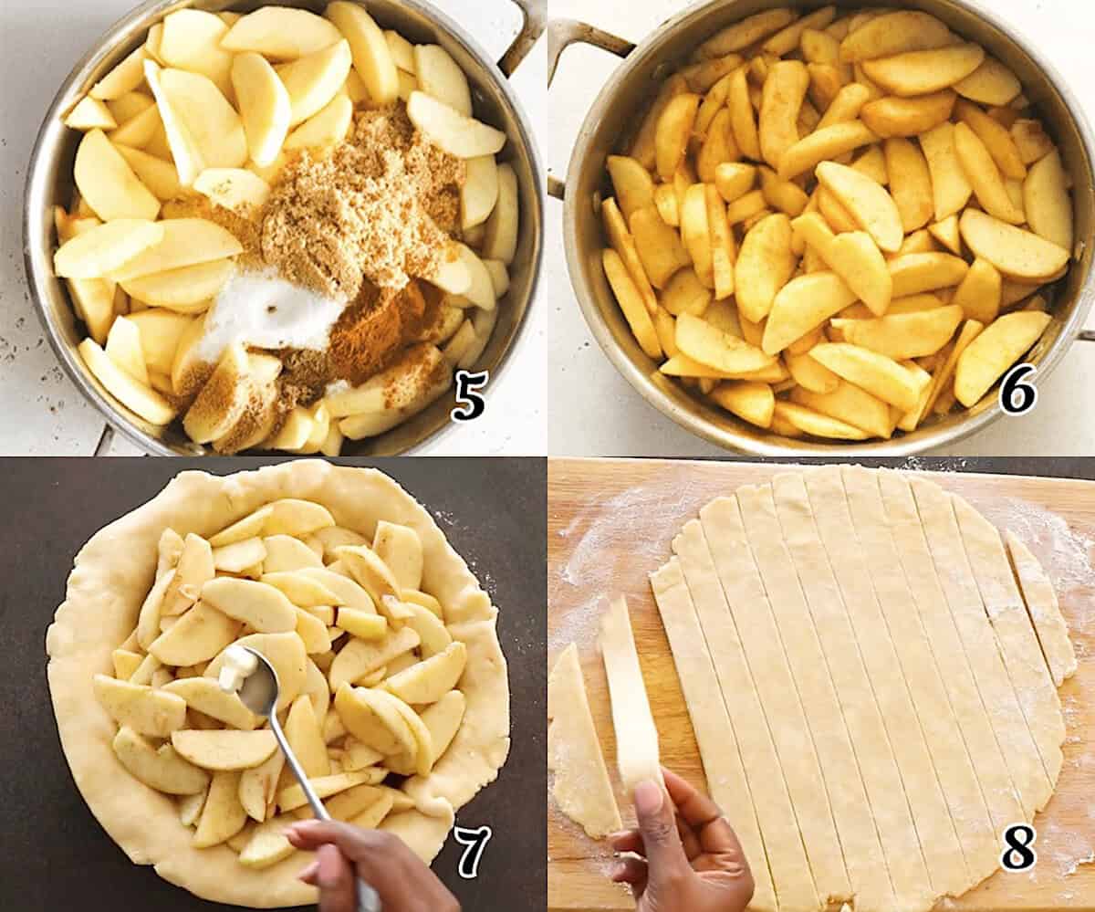 Stir in the spices, fill the crust, and make the lattice.