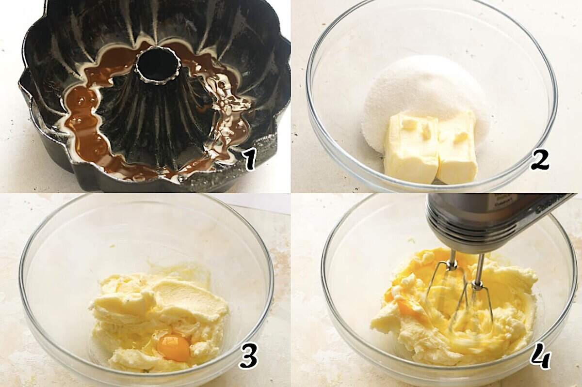 Add the cajeta to a well-greased bundt pan, cream the butter and sugar, and beat in the eggs.