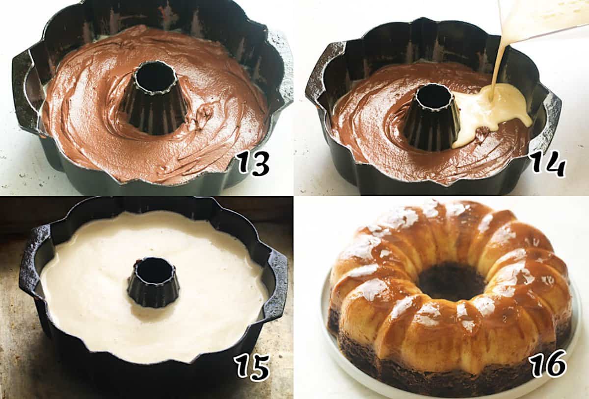 Pour the batter in the cake pan, add the flan, and bake.