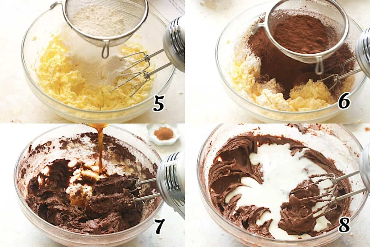 Add the dry ingredients, the cocoa powder, the coffee, and the buttermilk.