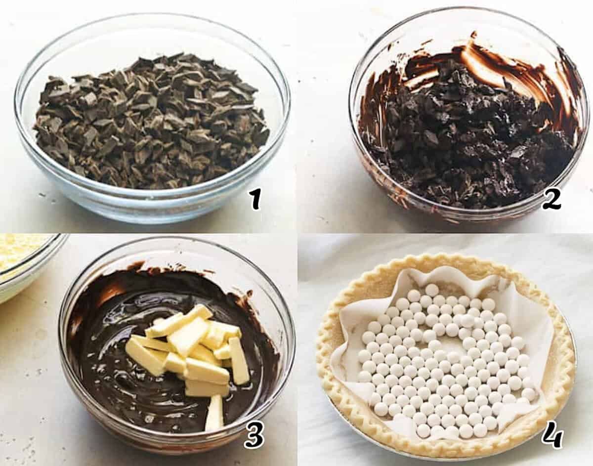 Melt the cacao and butter, then blind bake the crust.