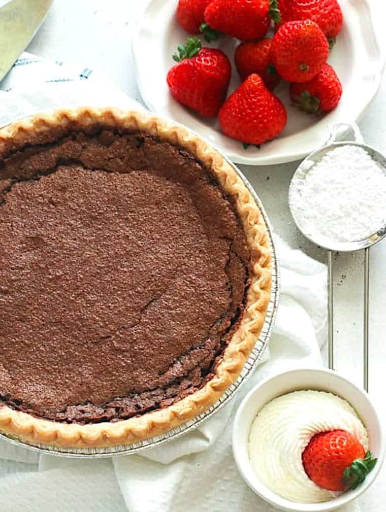 A homemade chocolate chess pie perfect for Thanksgiving and Valentine's Day.