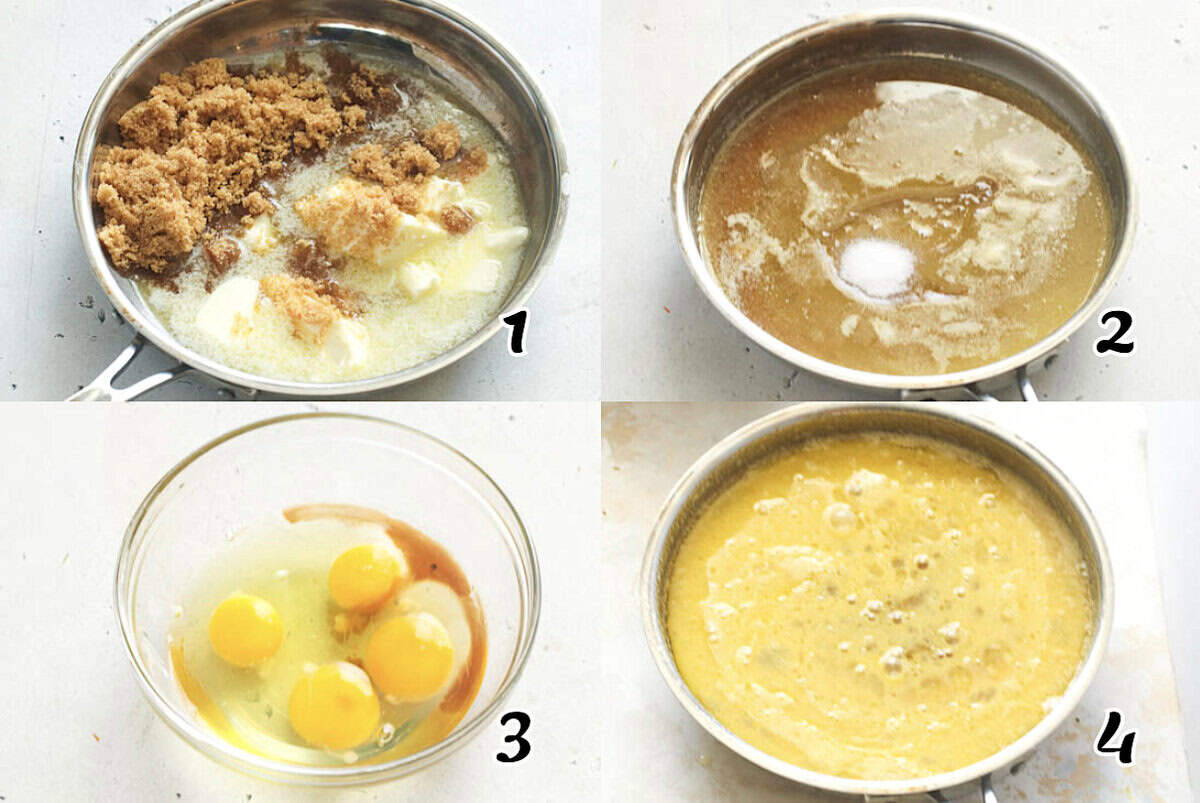 Melting the butter and sugar, add the corn syrup, beat the eggs, and mix the filling.