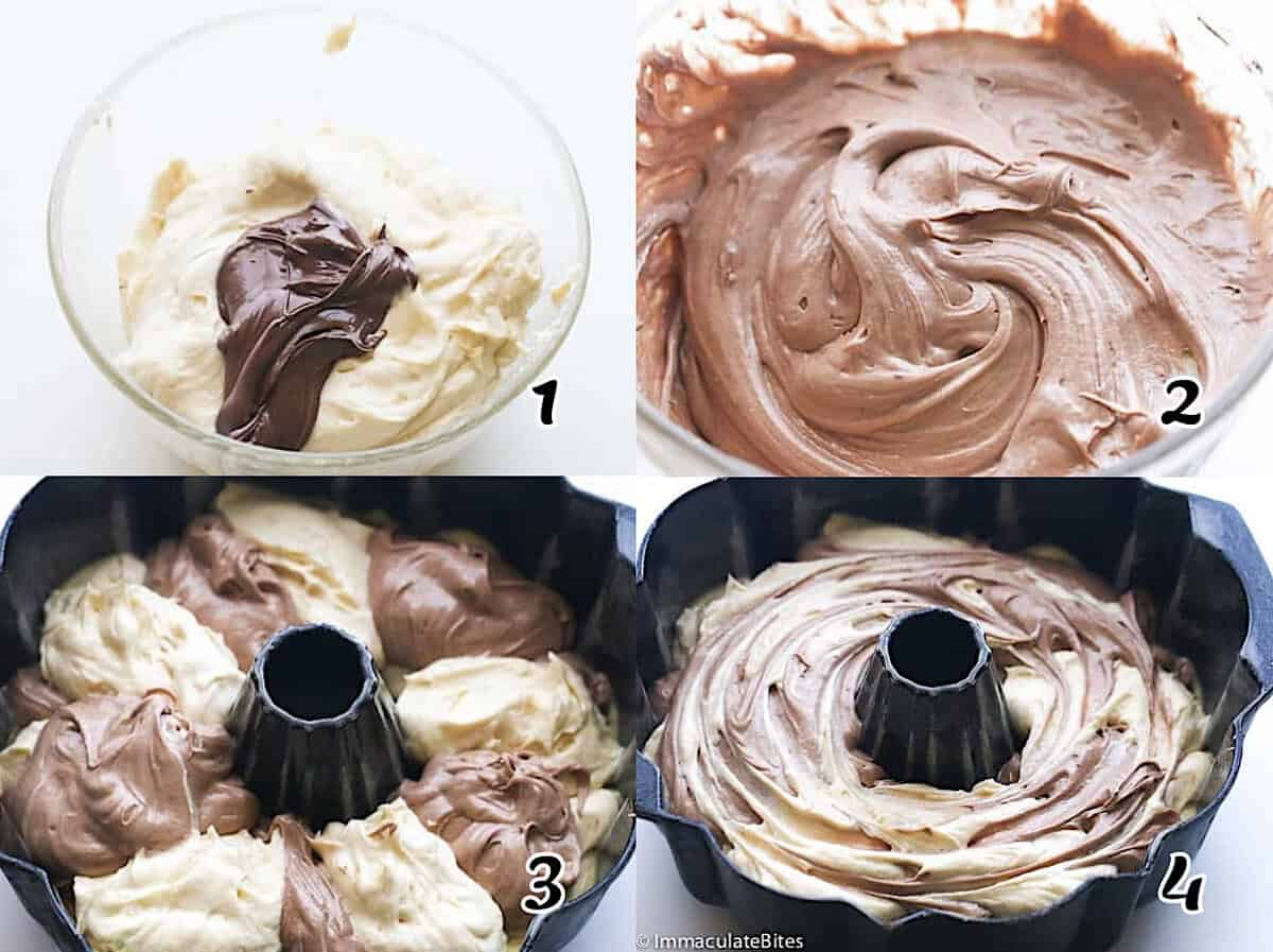 Make the batter, pour it in the mold by alternating the batters, and then run a spoon through it for the marbled effect.