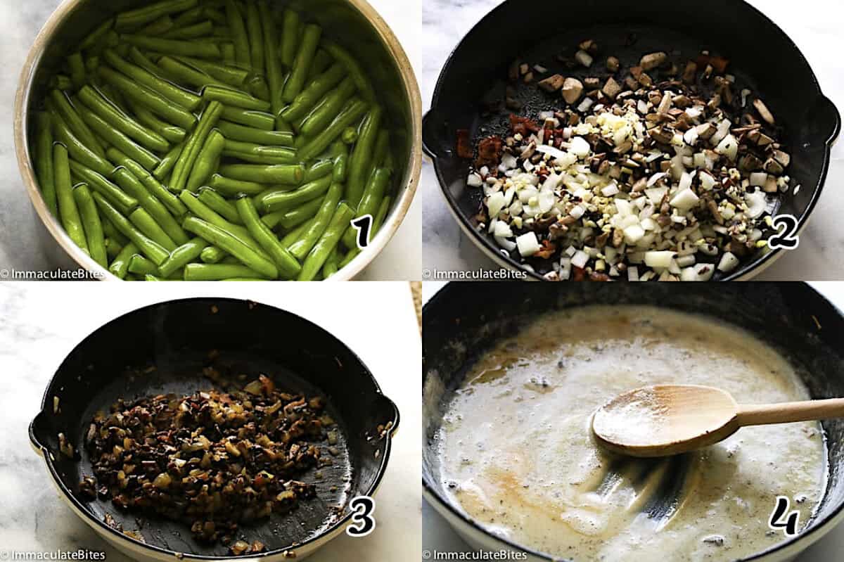 Blanch the beans, saute the aromatics and mushrooms, then make a roux.