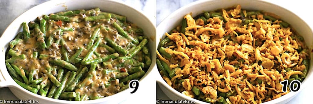 Pour into a casserole dish, top with the onions, and bake.