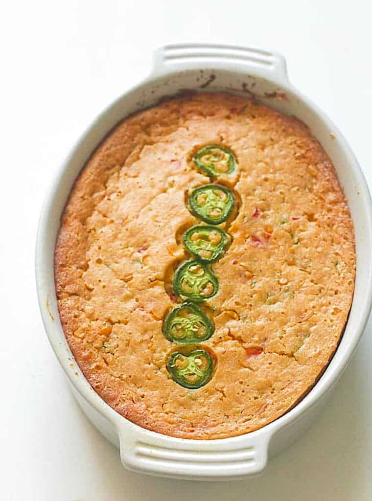 Freshly baked jalapeno corn casserole ready to enjoy.