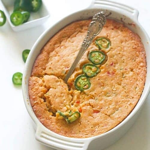 Serving up a corn casserole spiced up with jalapenos.