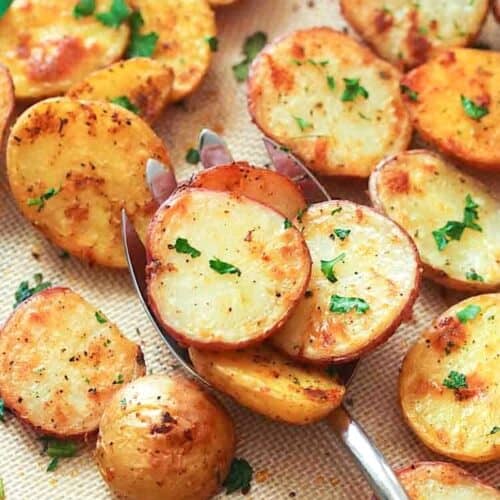 Serving up red potatoes roasted in the oven for crispy tender goodness.