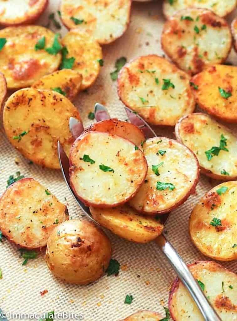 Serving up red potatoes roasted in the oven for crispy tender goodness.