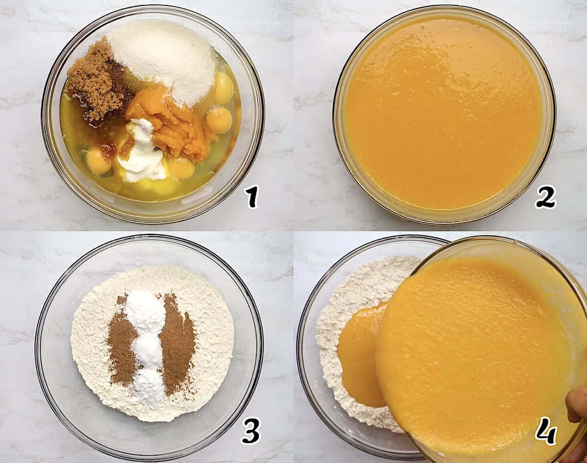 Mix the wet ingredients, mix the dry ingredients, then combine them.