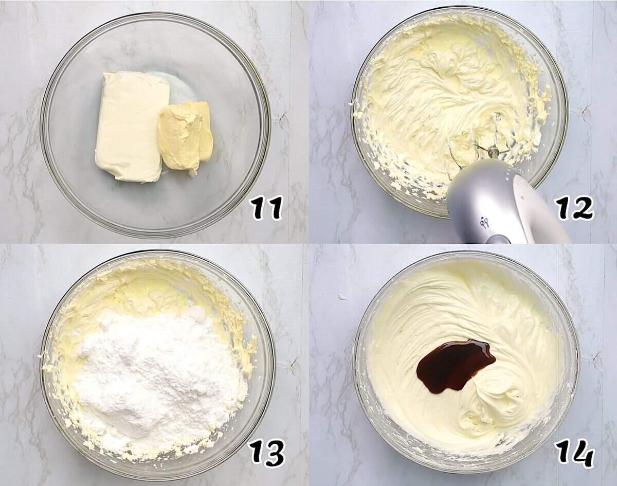 Whip the cream cheese and butter, add the powdered sugar and vanilla.