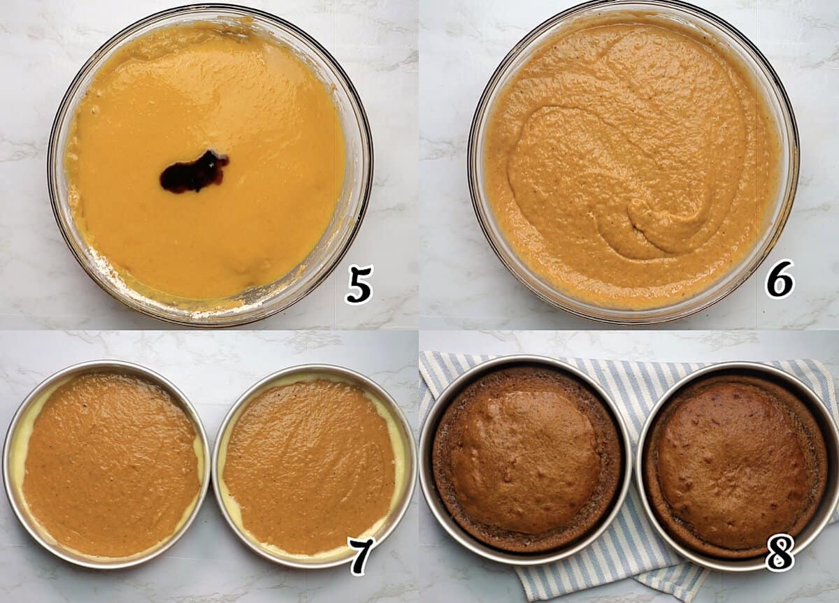 Add the vanilla extract, divide the batter between two pans, and bake.