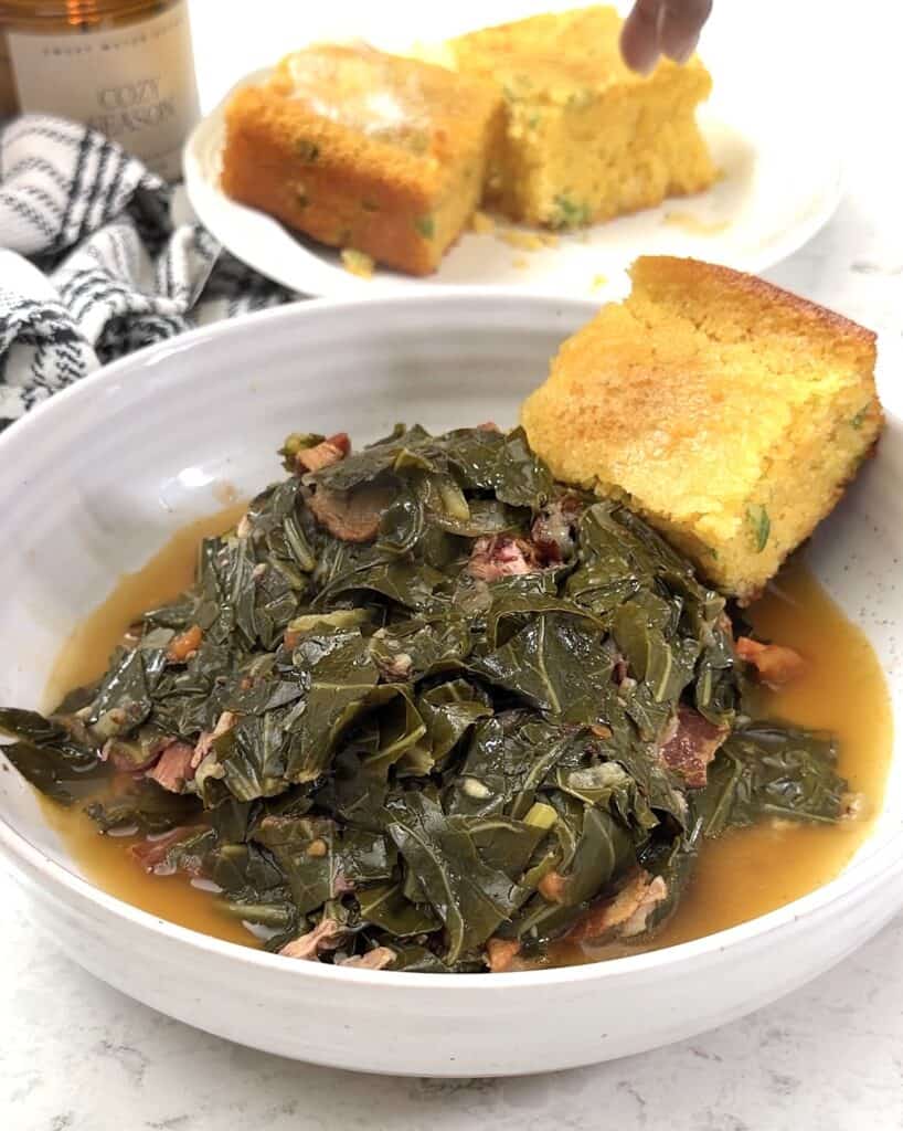 Serving up Southern collard greens with cornbread for everyday or holiday meals.