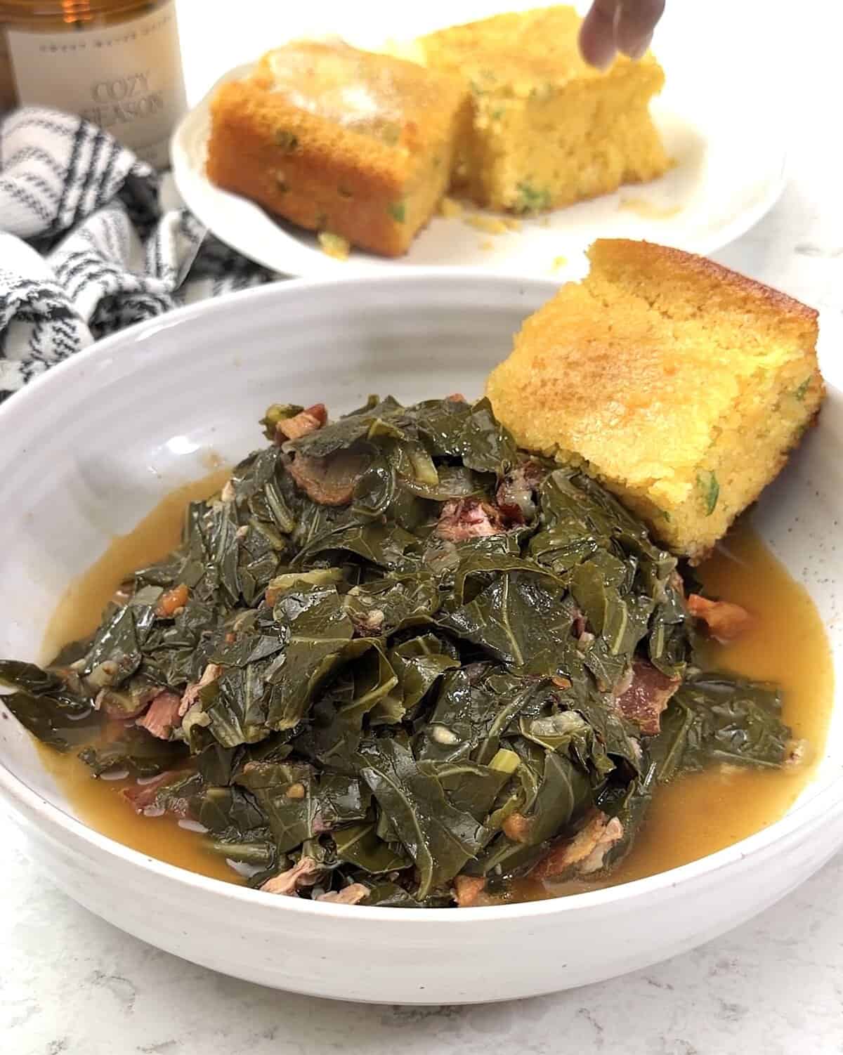 Serving up Southern collard greens with cornbread for everyday or holiday meals.
