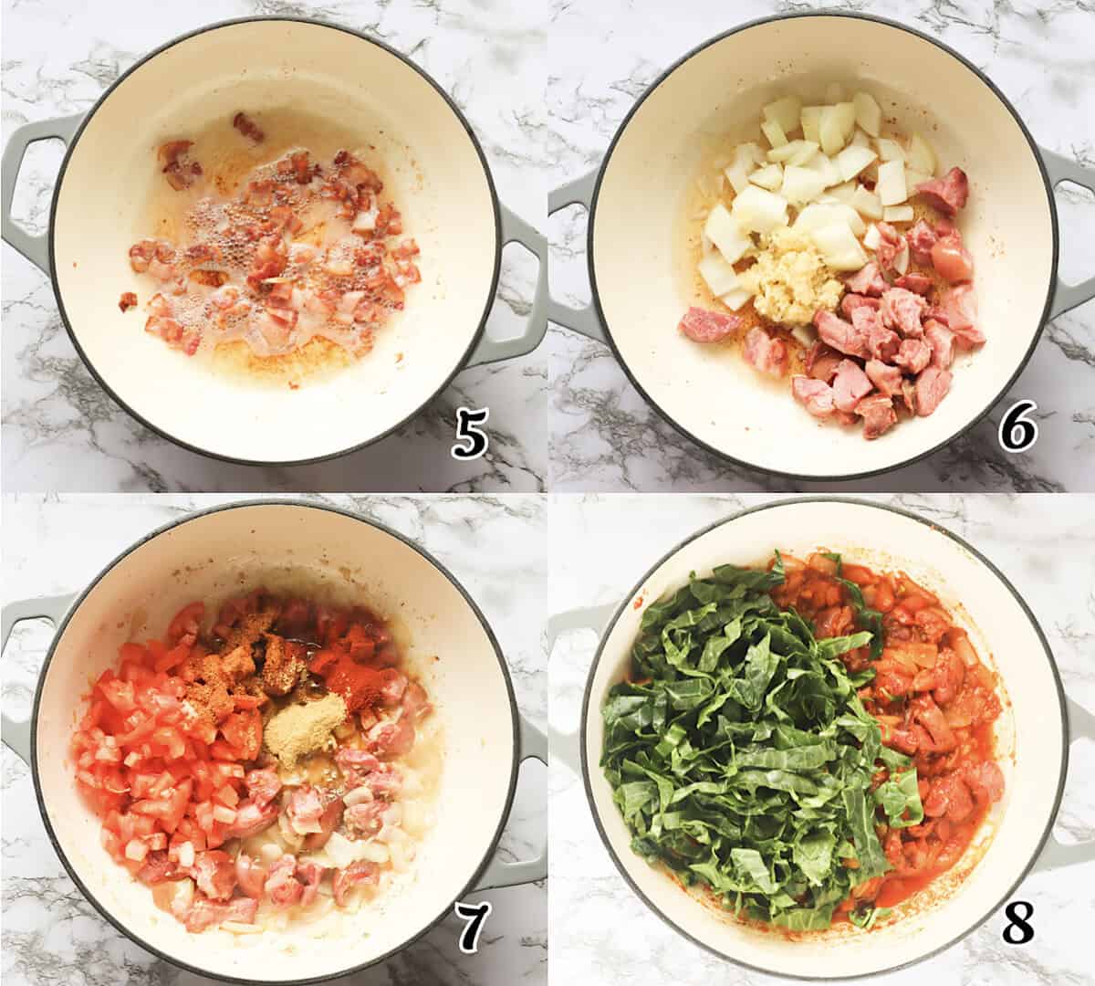 Fry up the bacon, add the aromatics, the ham, and the rest of the vegetables.