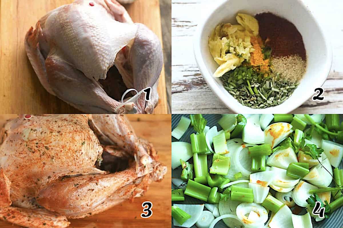 Dry brine the poultry, make the spice mix, slather it all over the bird, then prep the roasting pan.