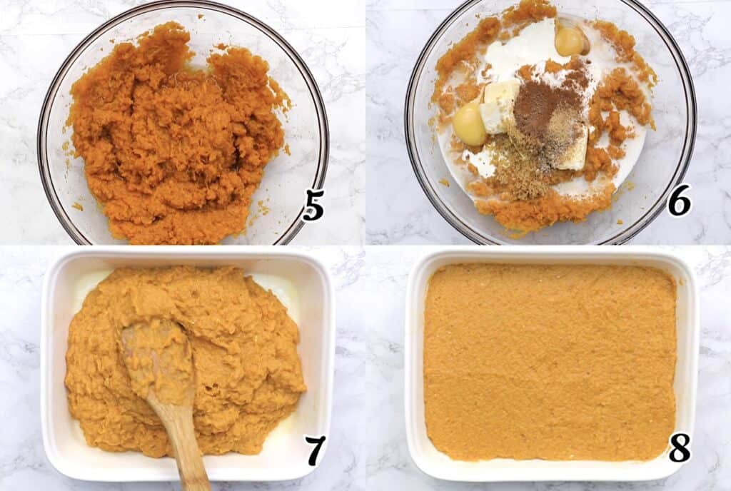 Mash, season, and spread in a baking dish.