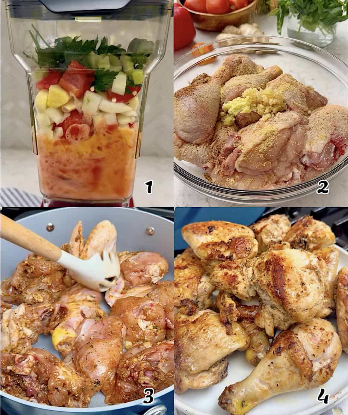 Make the stew base, season the poultry, and sear it.