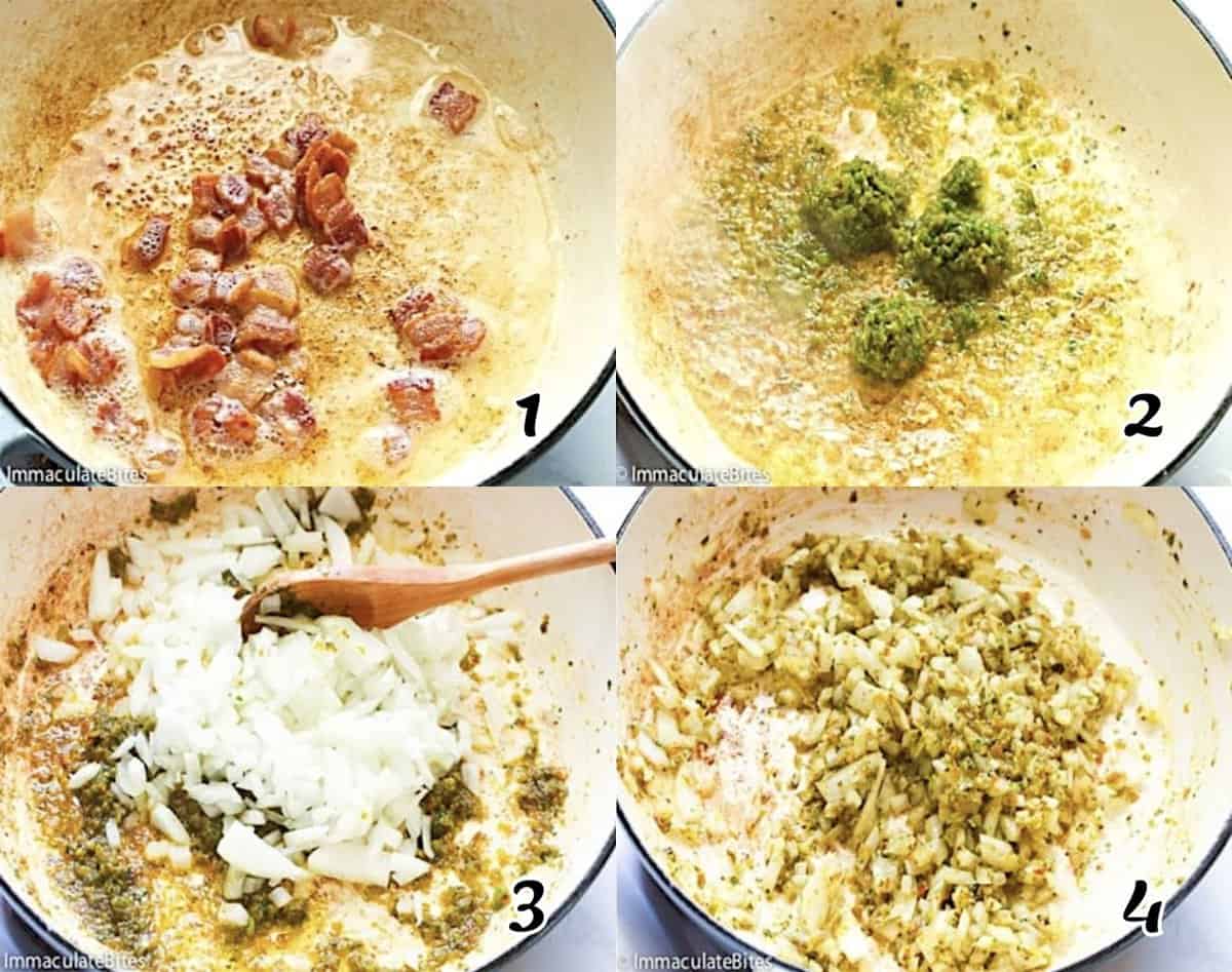 Fry the bacon, and saute the seasonings.