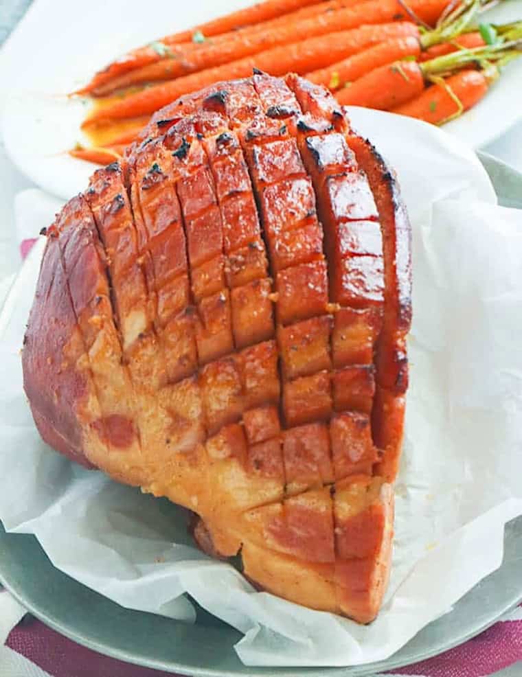 Glazed ham fresh from the oven and ready to serve.
