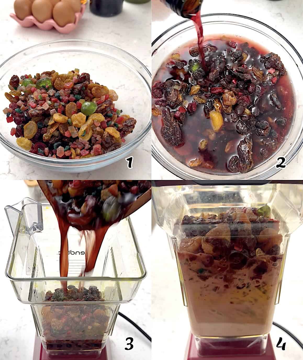 Soaking the dried fruit in rum and wine. After it's done soaking, puree it.