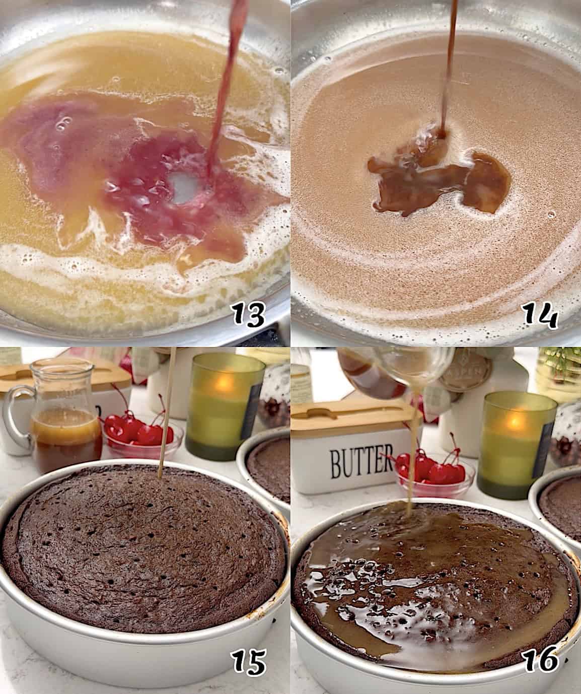 Make the butter rum glaze, poke holes in the cake, pour over the glaze, and let it soak.