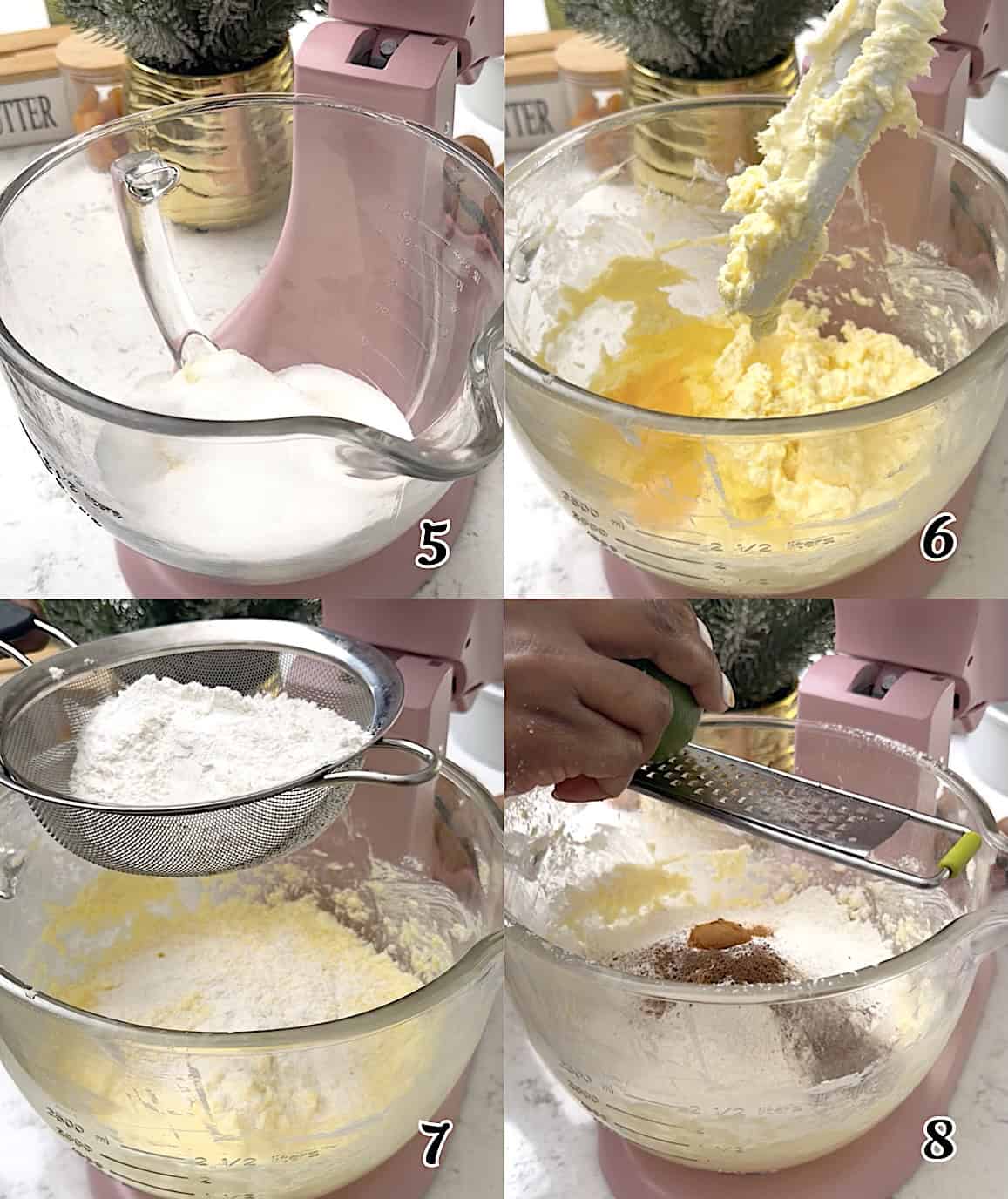 Cream the butter and sugar, add the eggs, sift in the dry ingredients, and add the spices.