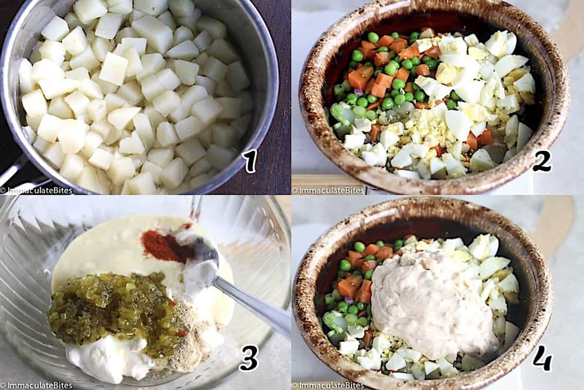 Boil the spuds, chop the eggs, make the dressing, and put it all together.