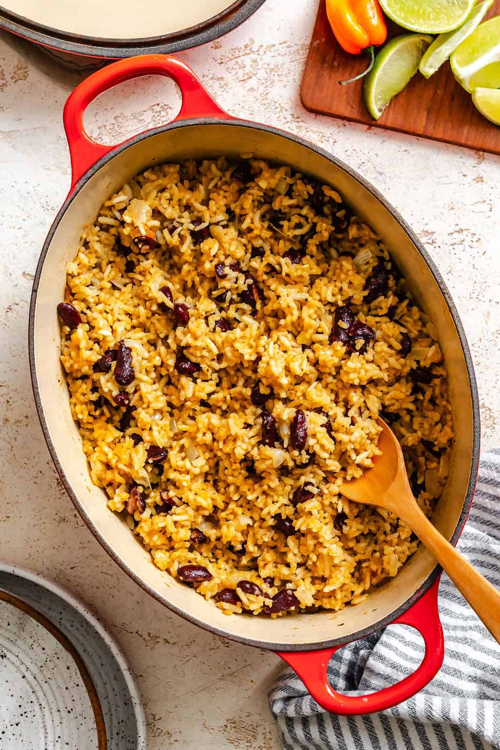 Caribbean style rice and beans fresh off the stove and ready to serve.