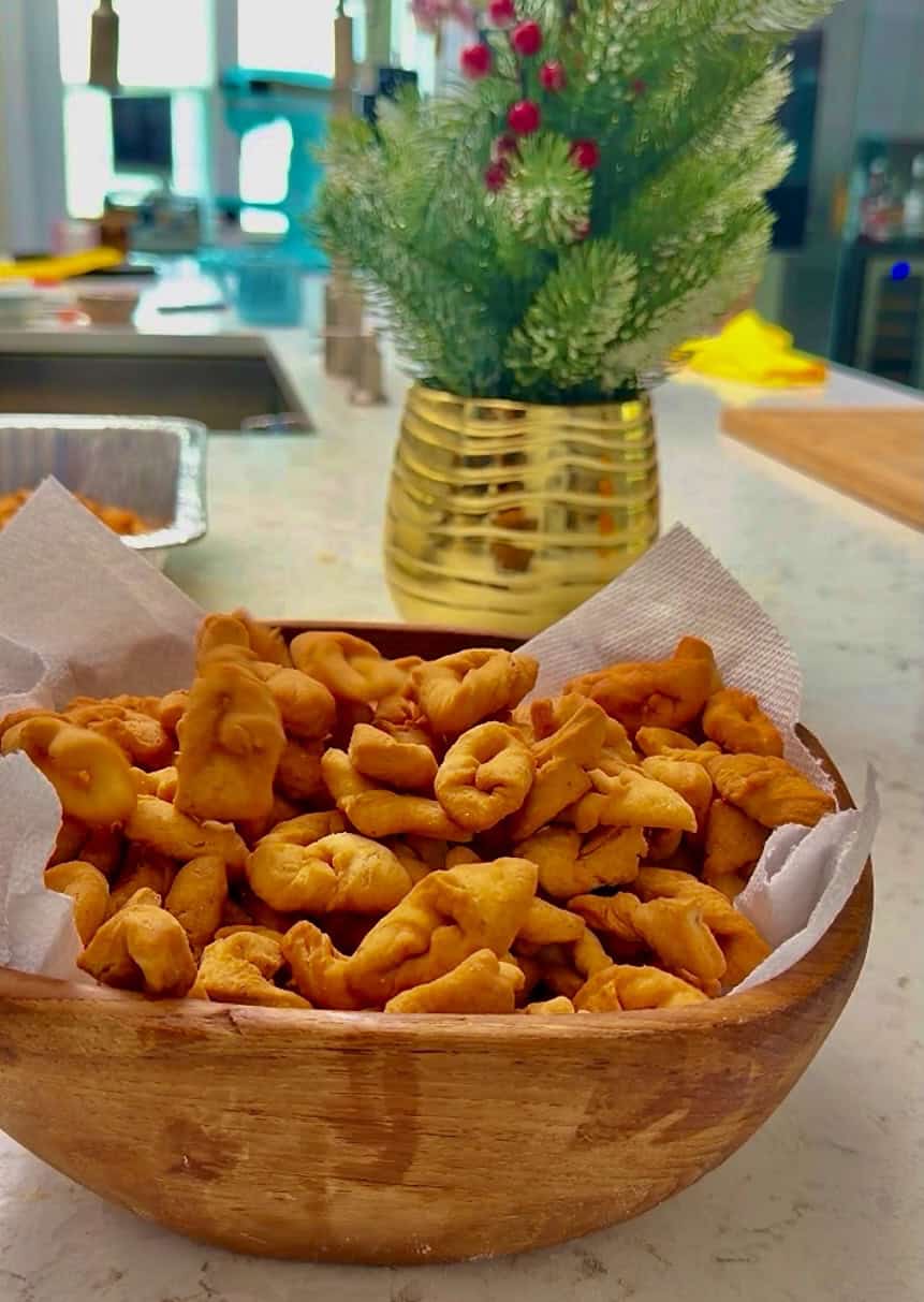 Crispy crunchy chin chin folded into decorate shapes for Christmas.