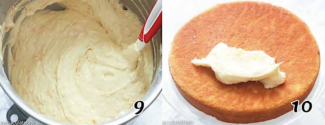 Pour the batter into the prepared pans, bake, cool, and frost.