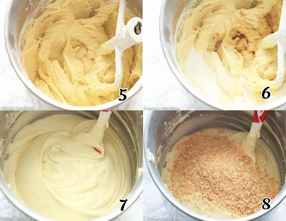 Mix well, add the coconut milk, the egg whites, and the toasted coconut.