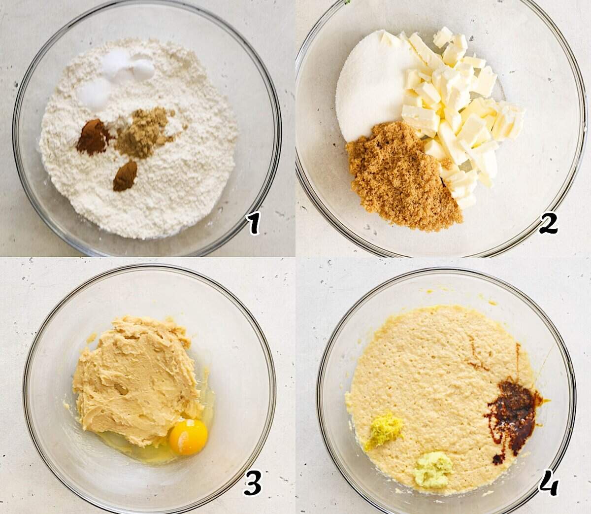 Mix the dry ingredients, cream the butter and sugar, and add the eggs and spices.