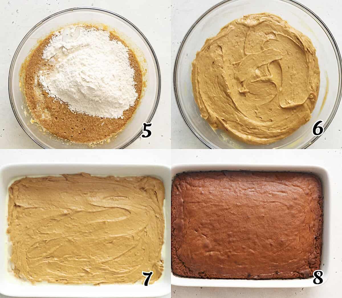 Mix the wet and dry ingredients, add hot water, pour into the baking pan, and bake.