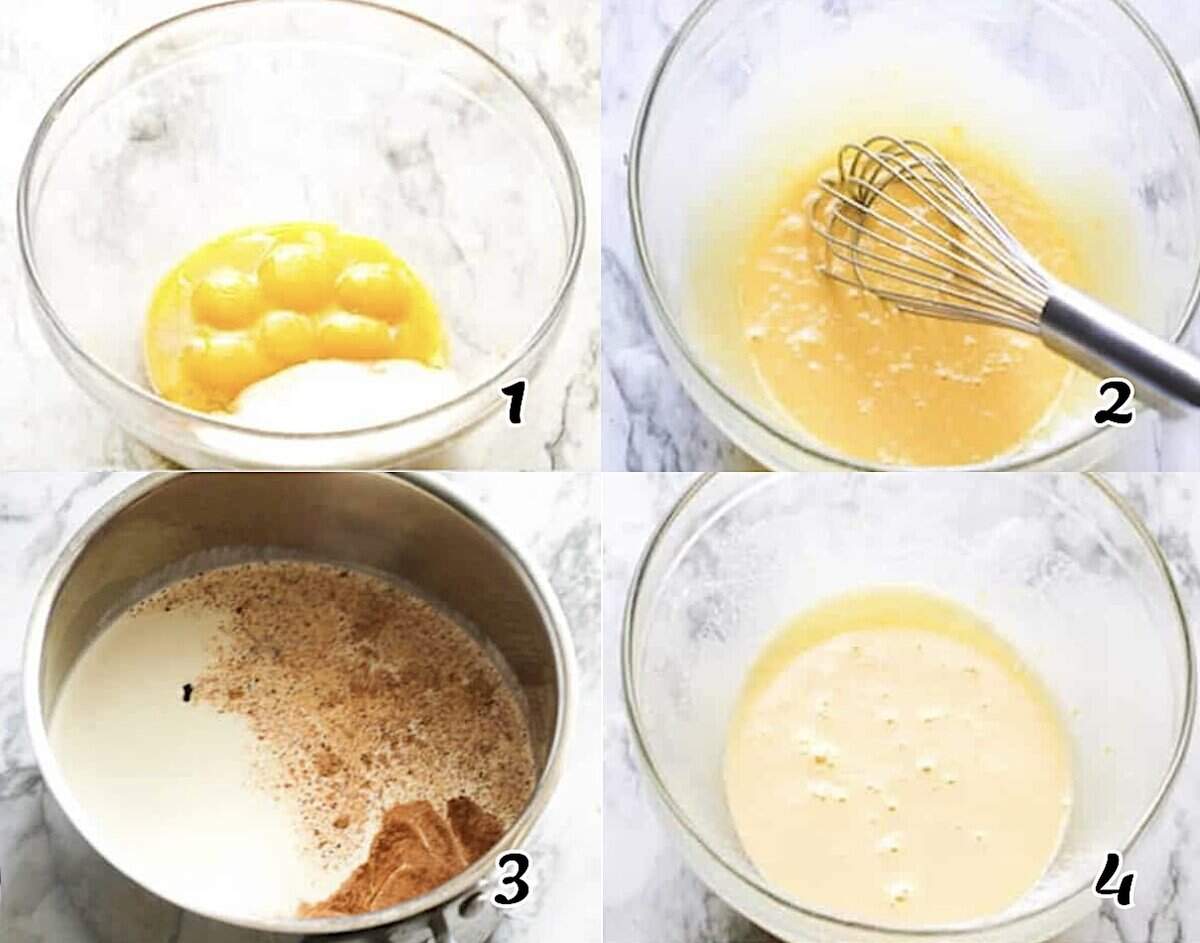Beat the eggs and sugar, heat the liquids, and temper the eggs.