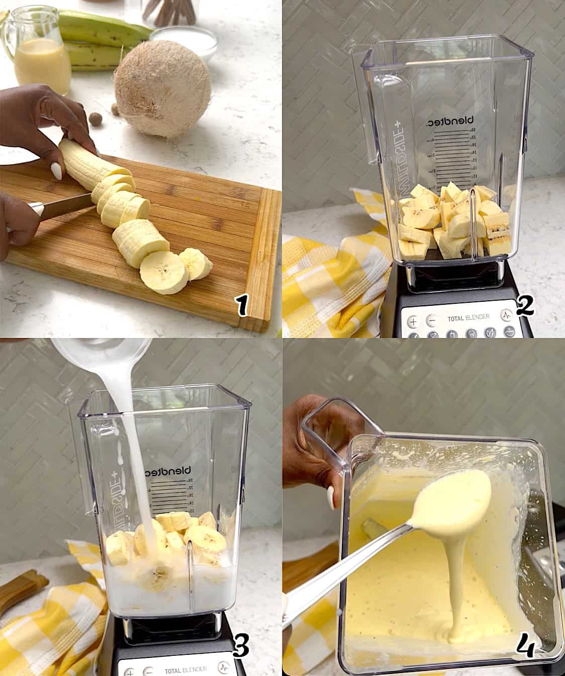 Peel and slice the plantains and blend with coconut milk until smooth.