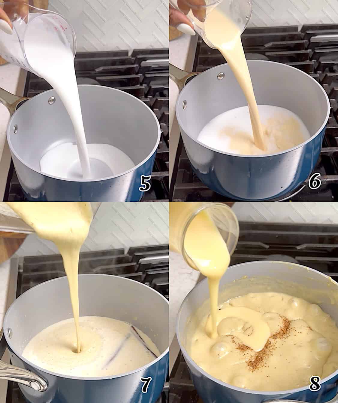 Heat the rest of the coconut milk, add the pureed plantains, the spices, and condensed milk until thick and delicious.