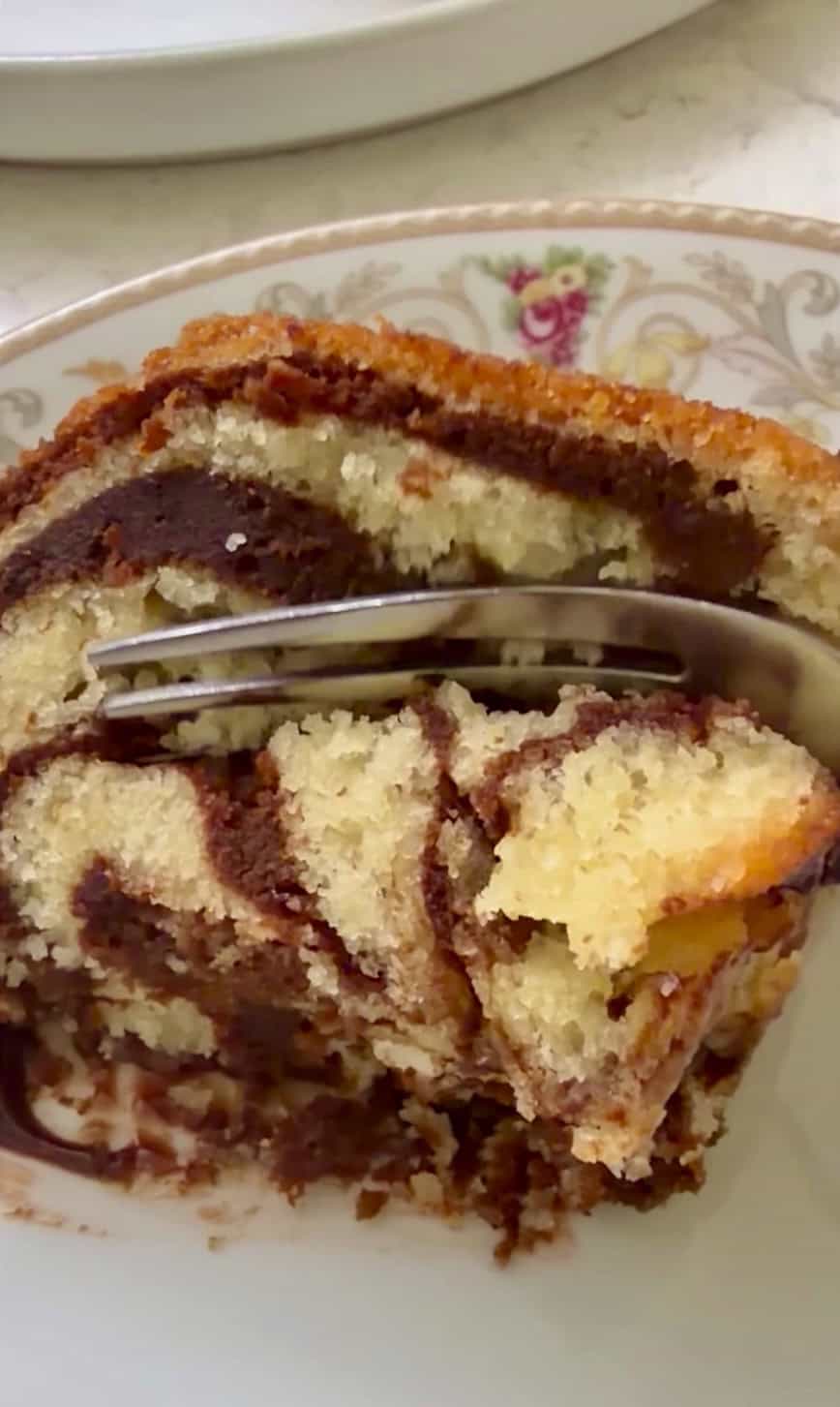 Forking into a decadent cake marbled with vanilla and chocolate.